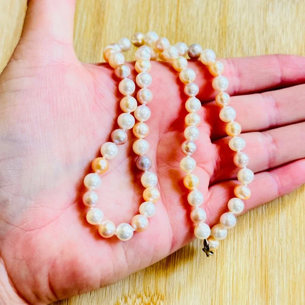 Pearl Necklace VTG Cultured Fresh-Water Tri-Color Beaded Knotted 925 Sterling